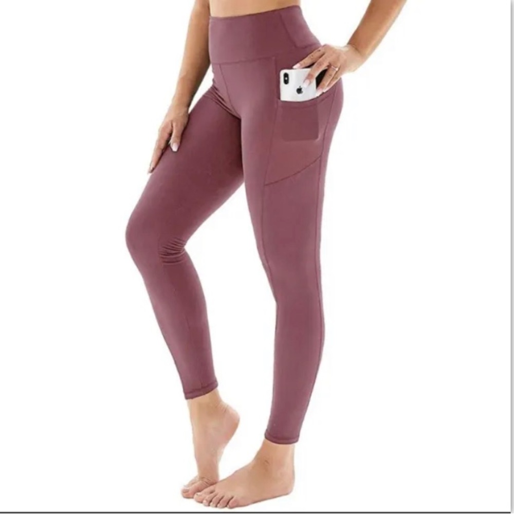 (2)High Waist Navy & Pink Leggings Tummy Control Yoga Pants 2 Pockets Large
